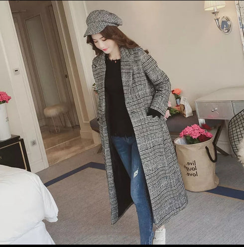 Winter Fashion Plaid Button Slim Type Outerwear Long Coat